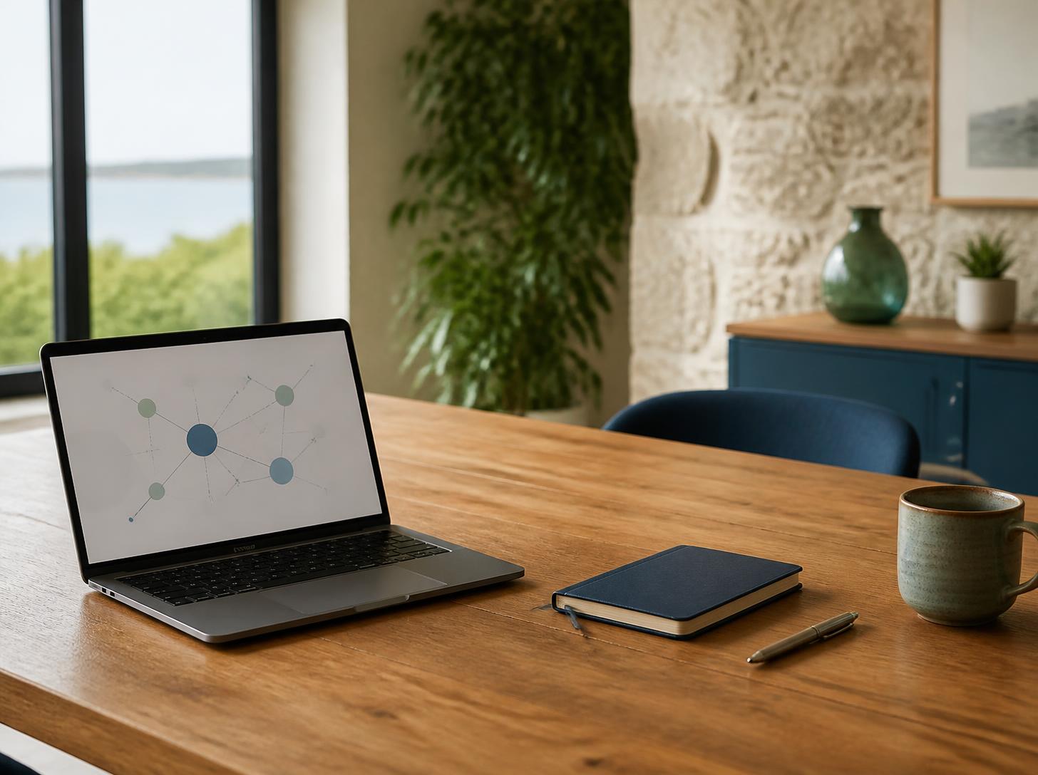 Espace de travail lumineux avec un ordinateur affichant un schéma de systèmes, un carnet et un stylo sur une table en bois.